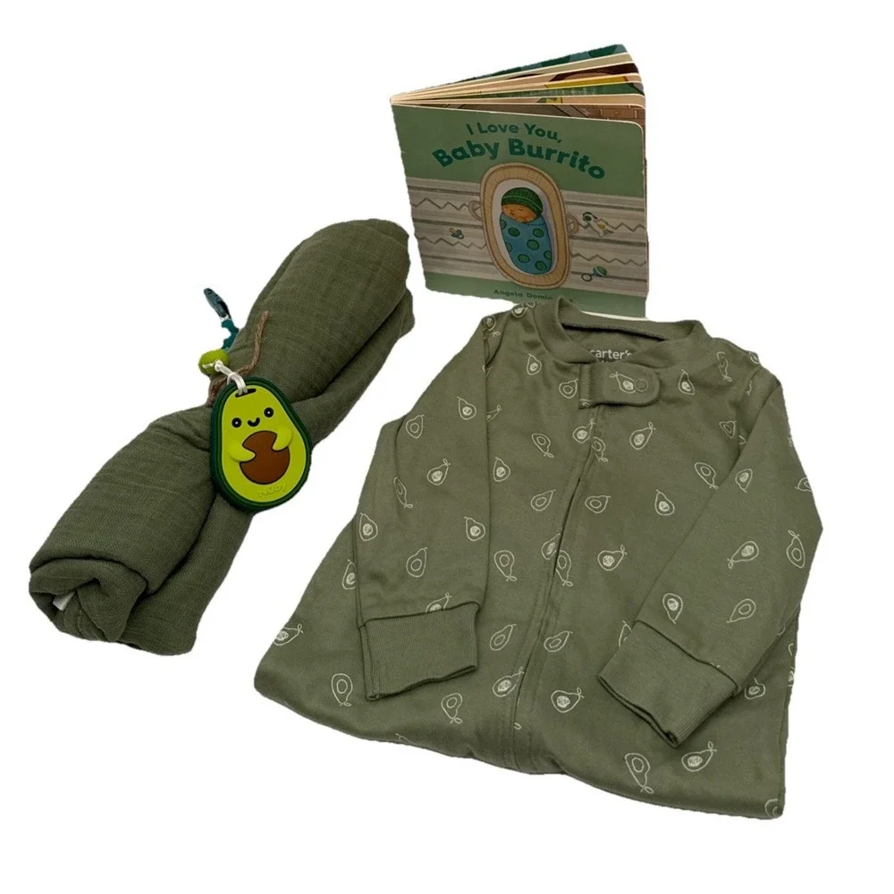 New Unisex Avocado Baby Shower Theme Gift, Avocado PJ's, Book, Teether & Blanket